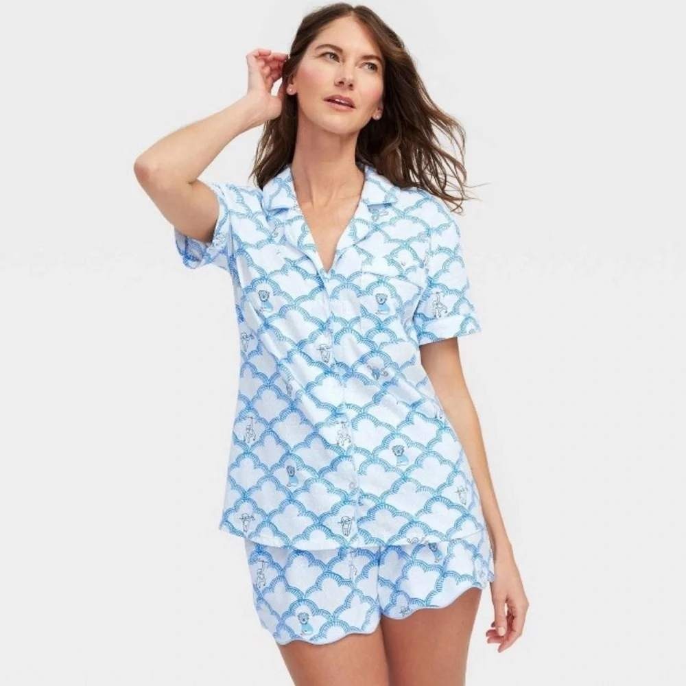 Roller Rabbit Target Monkey Lattice Pajama Set XXL Blue Preppy Coquette PJ 2pc